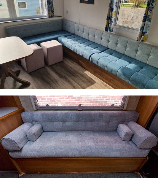 Voorbeeld van caravan bekleding vernieuwd door meubelstoffeerderij Amsterdam, moderne zitbanken.