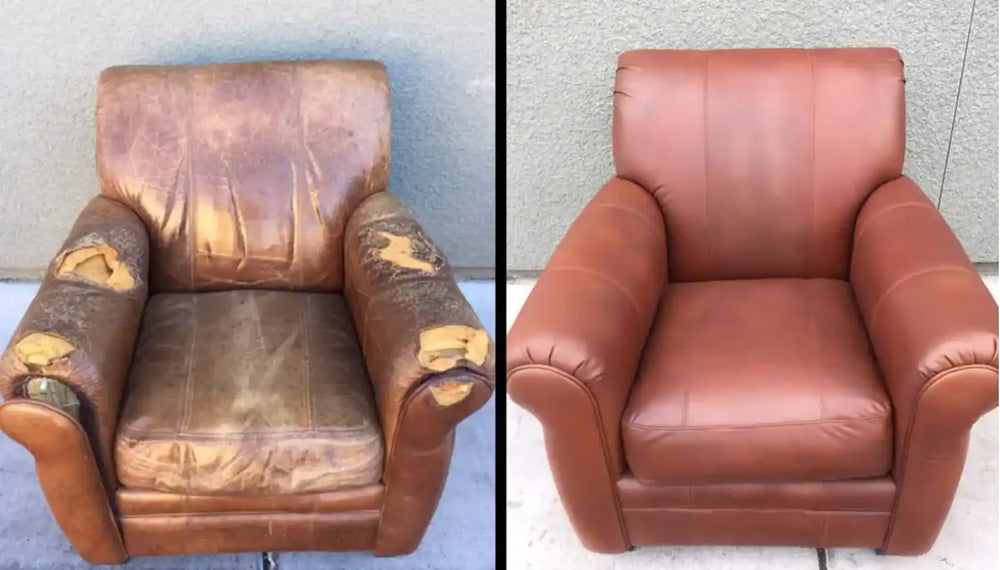 Gerepareerde lederen fauteuil voor en na.